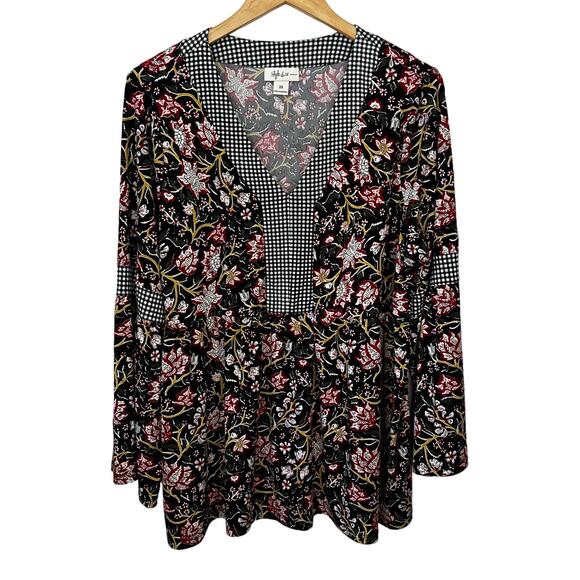 Style & Co Womens Plus Size 2X Floral V Neck Gingham Boho Peasant Flowy Pullover - Picture 1 of 7